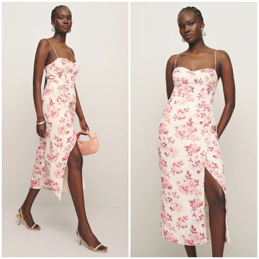 💕REFORMATION💕 Kourtney Midi Dress ~ Missy White Pink Floral Print 12 NWOT